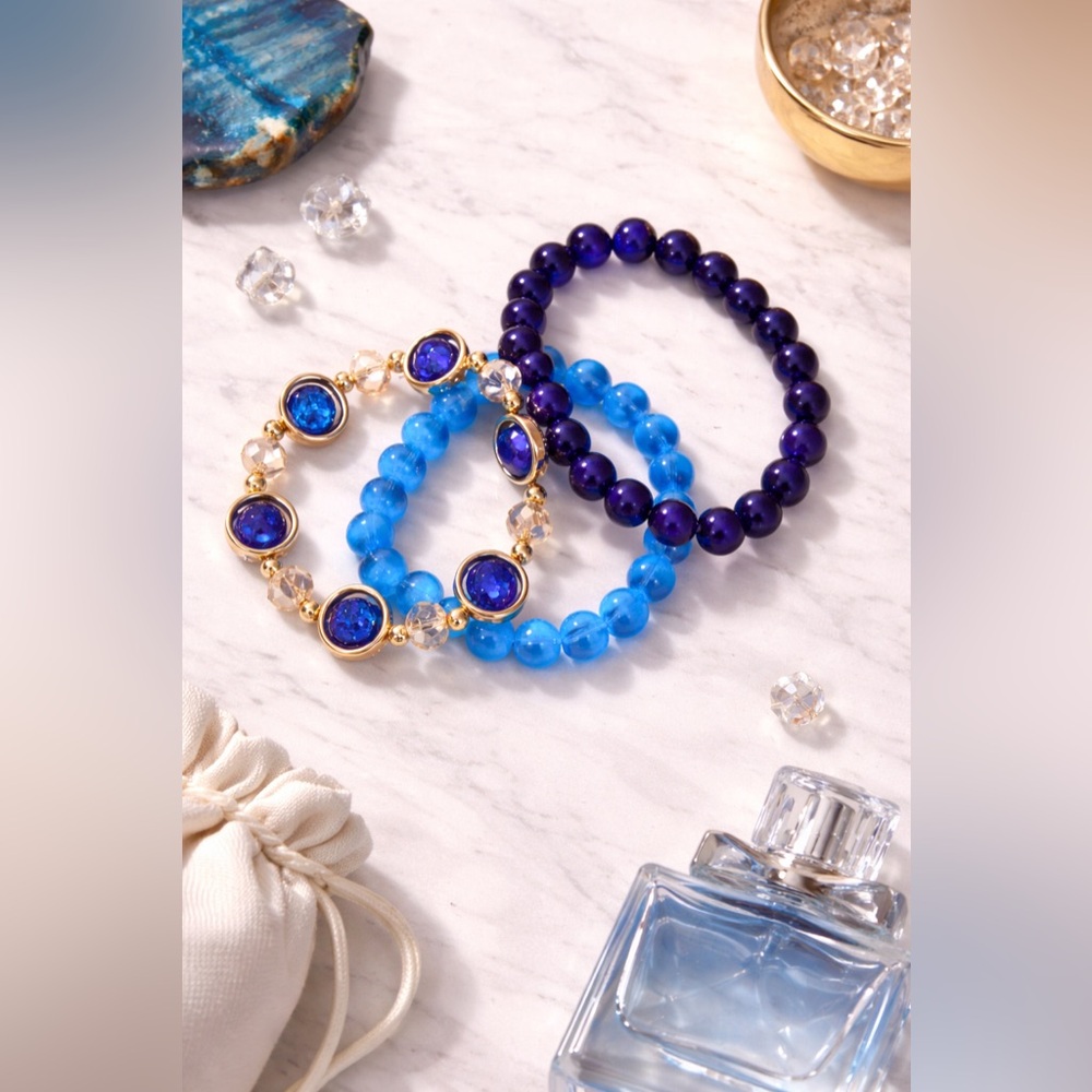 Glass Beaded Bracelet Set – Elegant Blue Tones (3-Piece Set) - New!